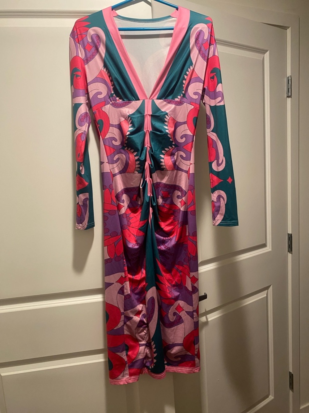 Vibrant Multi-Color Ruched Midi Dress